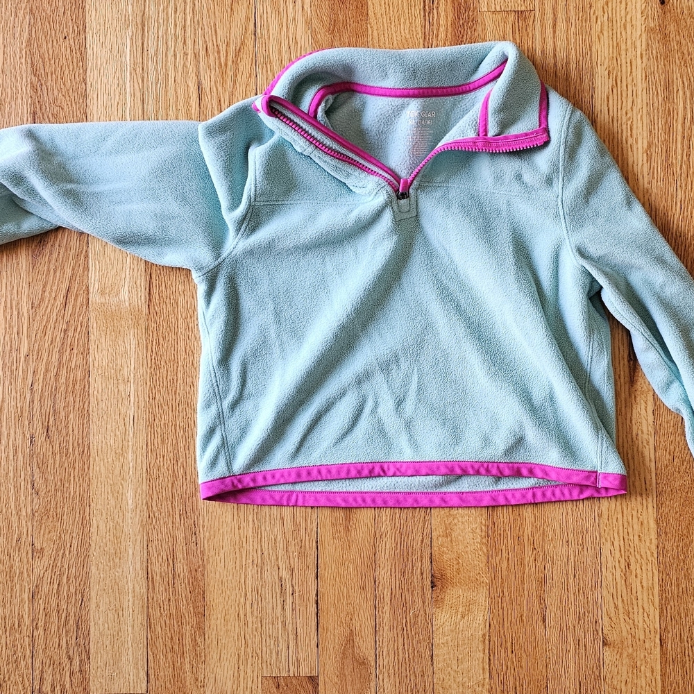 Light Blue Fleece Pullover with Pink Trim
